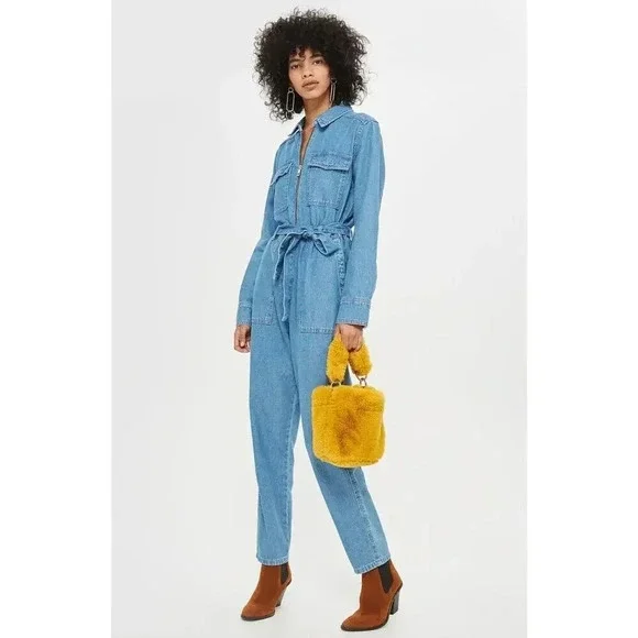 Topshop Zip-Up Belted Utility Denim Boiler Suit Blue Size 8 - Picture 8 of 13